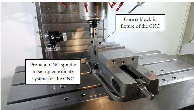 Figure 42. The probe located in the spindle is touching off a corner block in the CNC to give a reference location to perform the drilling operation.