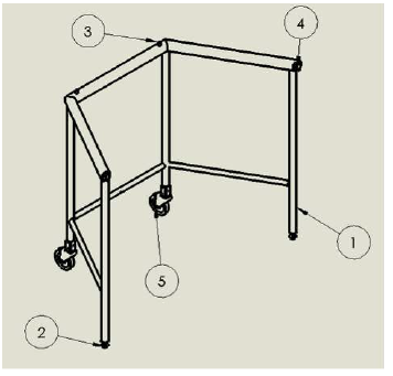 Figure 5.9: Isometric view of the frame with components labeled as follows: 1-Welded Frame Assembly, 2-Leveling End Cap Assembly, 3 - Locating Pins, 4 - Latch Assembly, 5 - Caster Assembly.