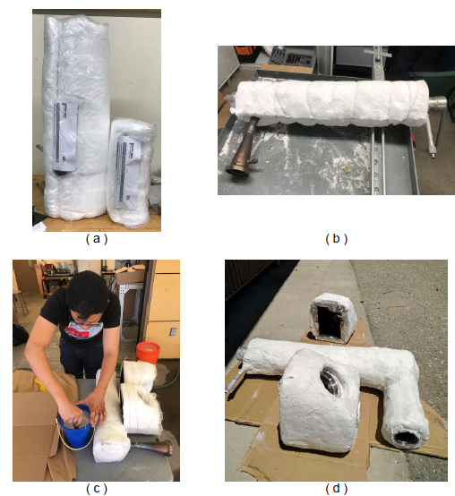Figure 26. Application process of (a) ceramic wool insulation, (b) insulation tied up with tie wire, (c) insulation covered with adhesive mesh drywall joint tape, and (d) insulation covered in plaster.